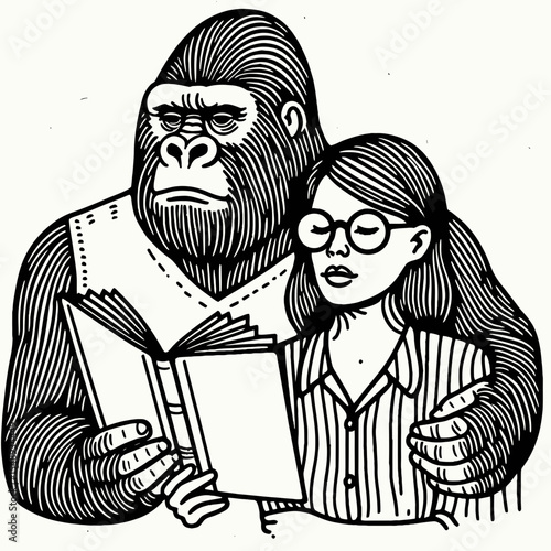 Gorilla couple wear glasses reading. Valentine Love Romance Cupid February Clipart Line Art Vector Illustration. Primate pair in spectacles peruse text a big ape duo enjoys book.