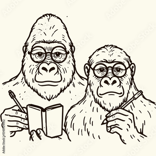 Gorilla couple wear glasses writing notebook. Valentine Love Romance Cupid February Clipart Line Art Vector Illustration. Ape pair don eyewear jotting journal primate duo utilize specs note.