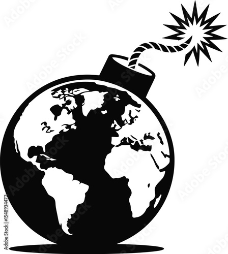 A black and white graphic depicting the earth as a bomb with a lit fuse on a white background
