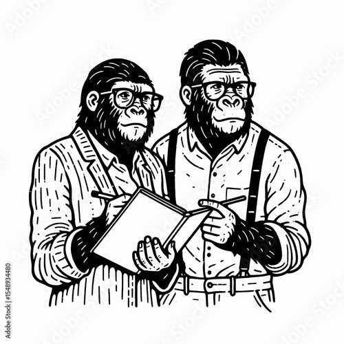 Gorilla couple wear glasses writing notebook. Valentine Love Romance Cupid February Clipart Line Art Vector Illustration. Primate pair in spectacles jotting pad wildlife animal concept theme.