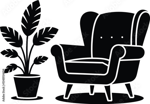 A simple black and white illustration of a potted plant and a wingback chair on a white background