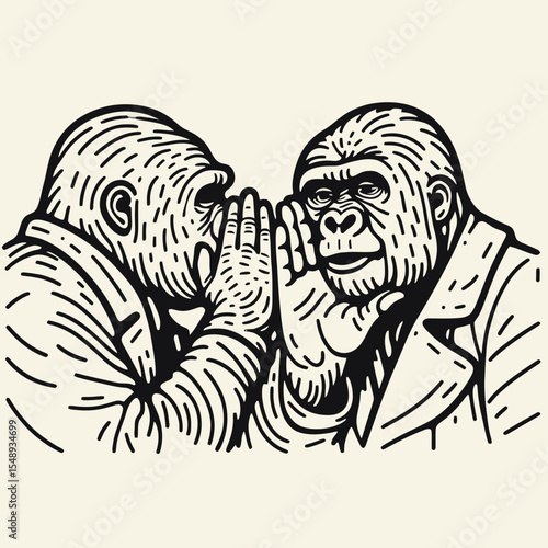 Gorilla couple Whispering Secrets. Valentine Love Romance Cupid February Clipart Line Art Vector Illustration. Ape pair sharing words private communication zoo primate talk.