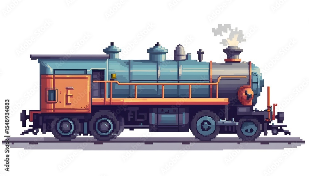 Naklejka premium Vintage Blue Steam Engine Train with Orange Accents on White Background