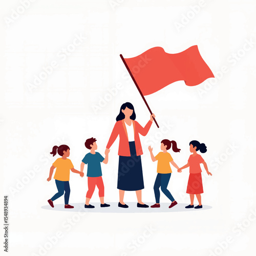 Teacher leading children with flag, unity and education