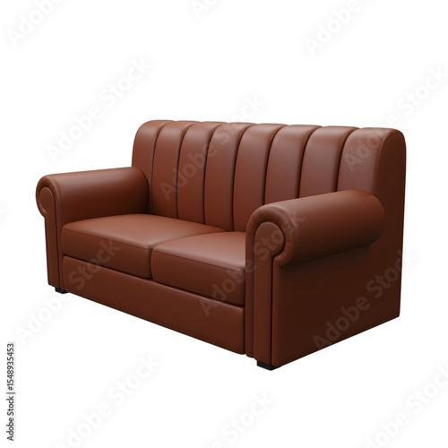 A brown leather sofa features rolled arms and a ribbed back offering seating for two people and is ideal for living room decor.