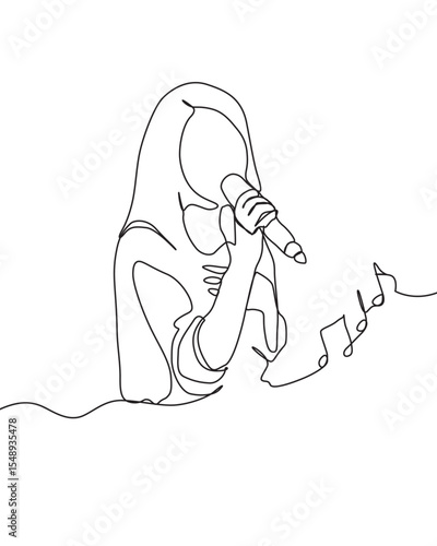 A Women singing song in one line-art