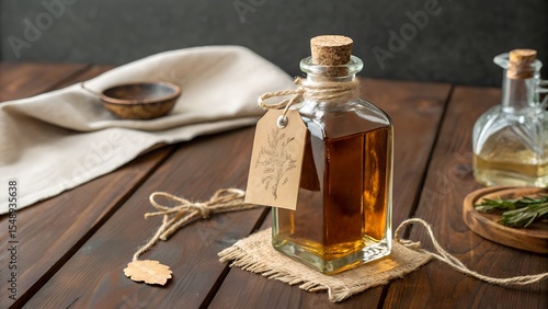 Rustic Herbal Infusion in Glass Bottle with Cork and Botanical Tag on Wooden Surface