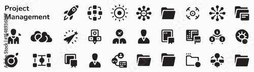 Collection of project management icons depicting various aspects of business planning and execution