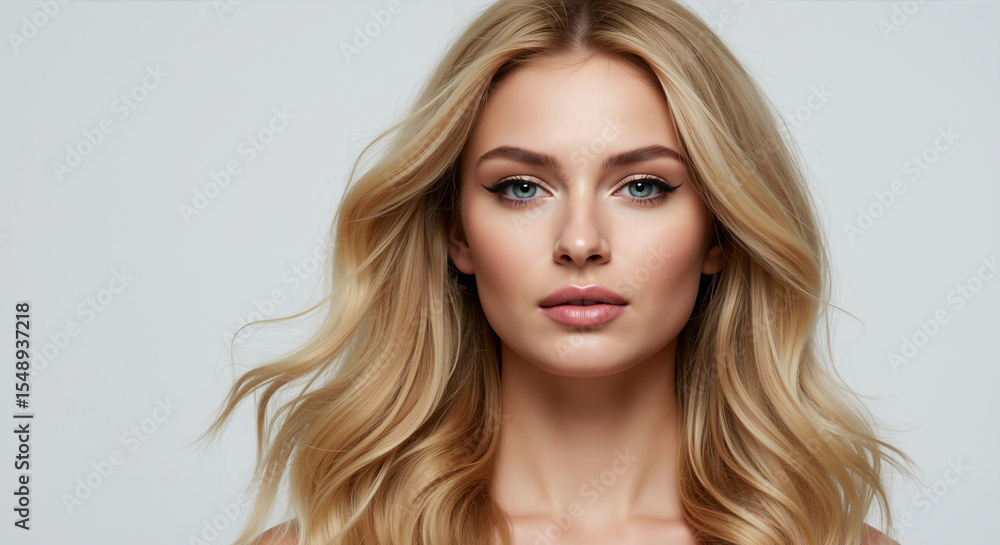 Naklejka premium Woman with blonde layered hair with highlights on gray background. Long wavy hairstyle with golden balayage color for salon transformation and hair coloring services