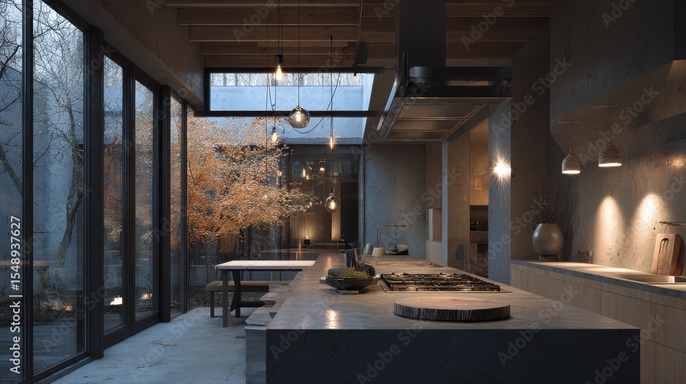 Loft-style kitchen with concrete wall above the sink, large horizontal glass window opening to garden view Loft-style kitchen with concrete wall above the sink, large horizontal glass window opening to garden view