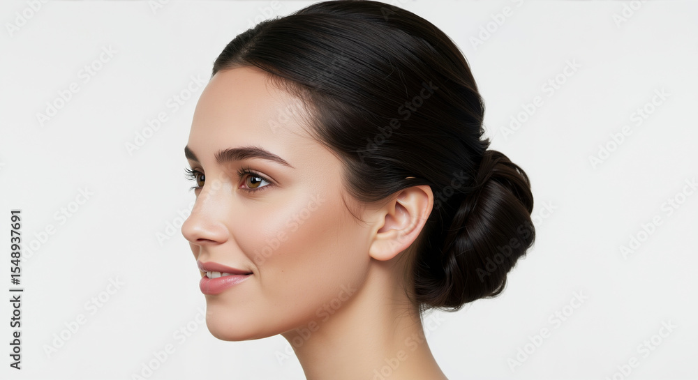 Fototapeta premium Woman with dark brown hair in low braided bun updo on white background. Elegant formal hairstyle with twisted braid for wedding and bridal styling services