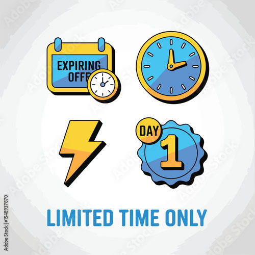 Yellow and Blue Icons Illustrating Limited Time Offer Expiring Soon One Day Left Flash Sale Urgent Countdown Timer Clock Calendar Badge