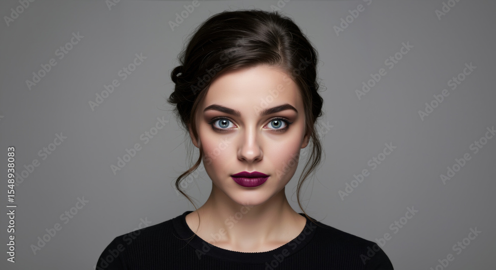 Woman with elegant messy updo hairstyle and face framing tendrils on gray background. Formal hair styling demonstration for salon bridal and special occasion services Woman with elegant messy updo hairstyle and face framing tendrils on gray background. Formal hair styling demonstration for salon bridal and special occasion services