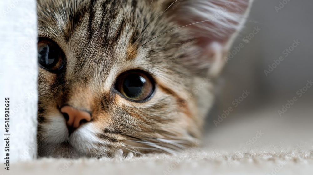 Naklejka premium Close-up of a cat's face peeking out from behind a white wall. the cat appears to be a tabby with brown and black stripes on its fur. its eyes are wide and alert, and its nose is pink.