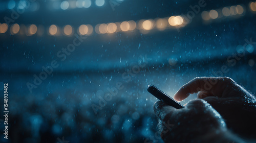 Close-up of wet hand holding a smartphone under rain at a glowing stadium, with bokeh lights and dramatic atmosphere.