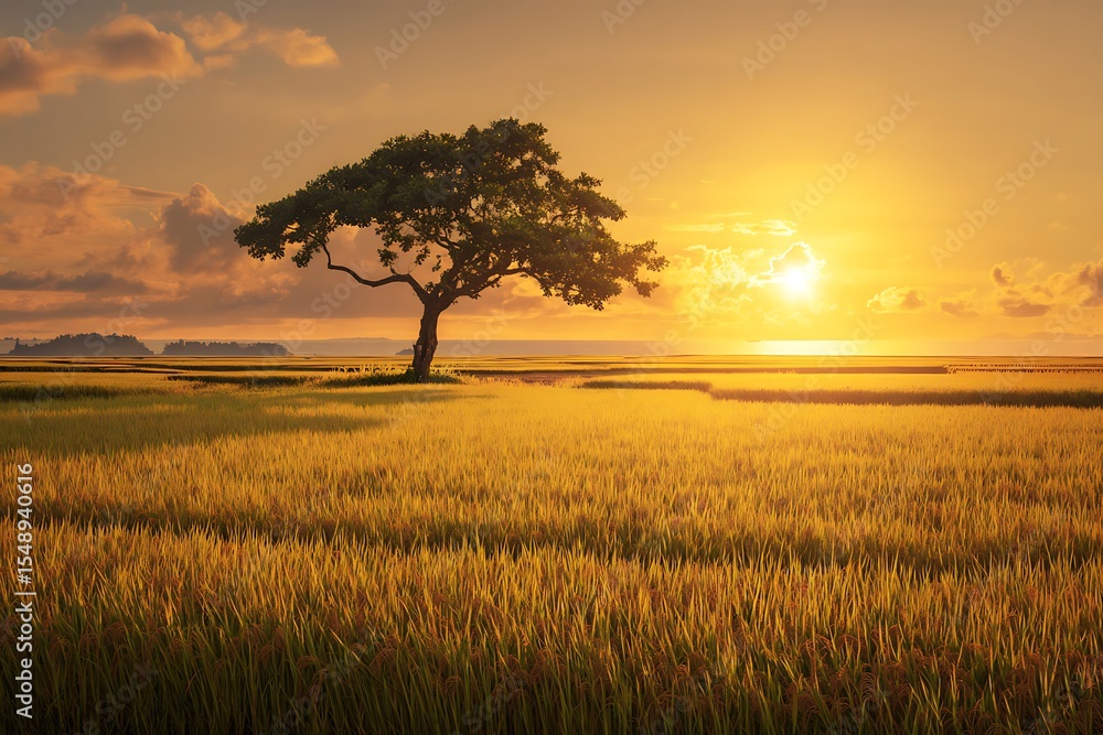 Fototapeta premium Golden hour over a serene rice paddy.