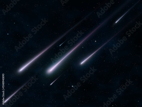 Star shower on transparent night sky background. Realistic falling comets and meteors. Fall of space bodies.