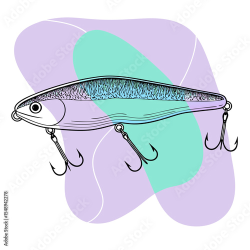 An illustration of a fishing lure with treble hooks and abstract color splashes. Ideal for fishing blogs, angling equipment stores, outdoor recreation, or hobby websites.

