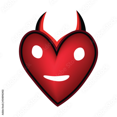 Smiling red heart with devil horns and cartoon face on white background