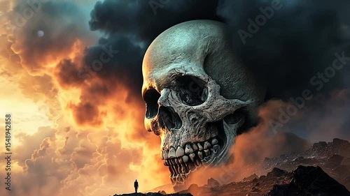 A person gazes at a giant skull silhouette in a dramatic sunset landscape	
