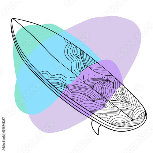 An illustration of a surfboard with abstract color splashes. Ideal for surfing websites, beach lifestyle blogs, summer vacation promotions, or watersport equipment stores.

