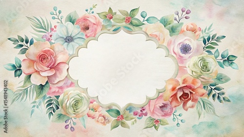  watercolor floral frame with a scalloped blank center, perfect for websites or blogs about weddings, invitations, crafts, or feminine designs.