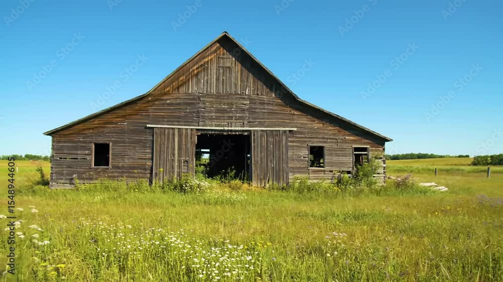 Abandoned rustic barn surrounded by vibrant wildflowers under a clear blue sky in a rural setting Abandoned rustic barn surrounded by vibrant wildflowers under a clear blue sky in a rural setting