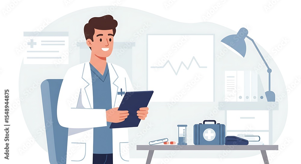 An illustration of a friendly male doctor in a white coat, holding a clipboard in a medical office, surrounded by health-related items and a calm atmosphere. An illustration of a friendly male doctor in a white coat, holding a clipboard in a medical office, surrounded by health-related items and a calm atmosphere.