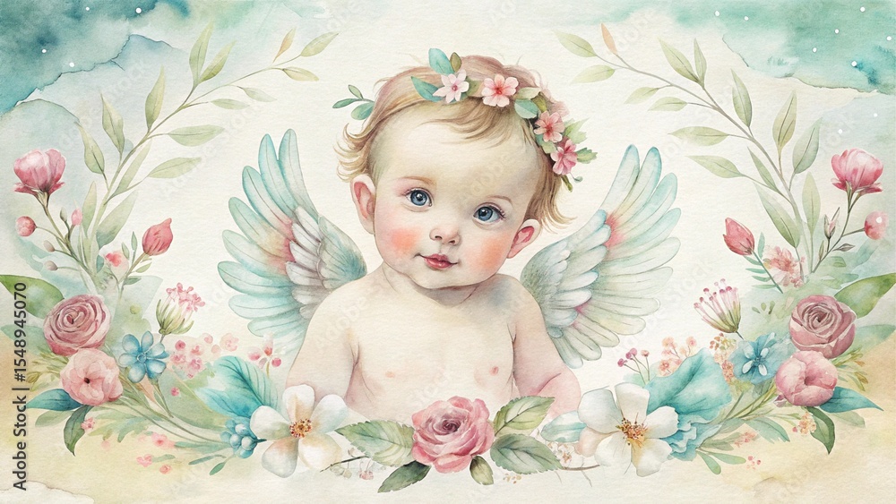 Fototapeta premium A watercolor illustration of a cherubic baby with wings and flowers, suitable for baby shower invitations or blogs about newborns and early childhood.