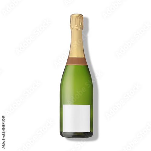 A green champagne bottle with a gold foil top and a blank label, ready for personalization or branding.