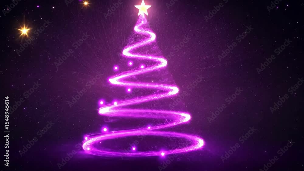 Glowing purple christmas tree with starry night background. Merry Christmas. Happy New Year Glowing purple christmas tree with starry night background. Merry Christmas. Happy New Year