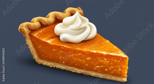 Indulge in the warmth and spice of autumn with this delectable slice of pumpkin pie, topped with a fluffy swirl of whipped cream, a perfect Thanksgiving treat.