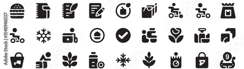 Organic food glyph icon set. Vector pictograms of vegan meal, vegetables, fruit basket, berries, superfood, protein, bean, recyclable packaging, dairy free, burger, black sign silhouette illustration