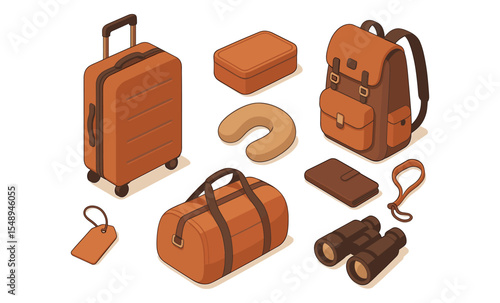 Travel accessories: orange luggage set with backpack, duffle, and binoculars