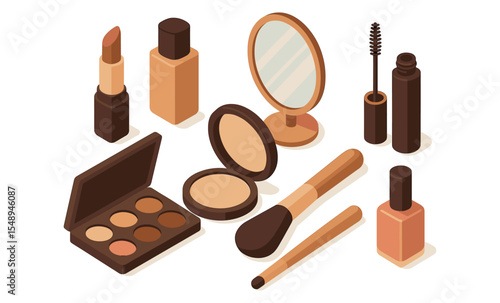Isometric makeup set with lipstick, foundation, mirror, and brushes
