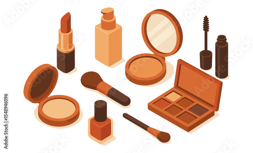 Assorted makeup products: lipstick, foundation, brushes, mirror, eyeshadow, mascara