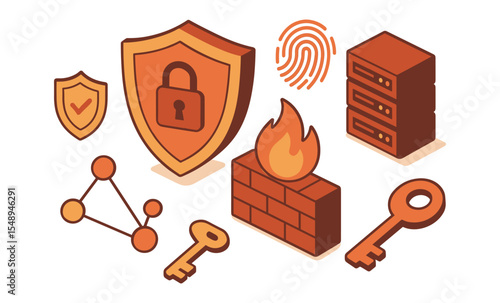 Cybersecurity icons: shield, firewall, key, fingerprint, network