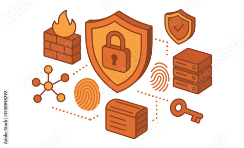 Cybersecurity elements: firewall, lock, key, fingerprint, server icons illustration