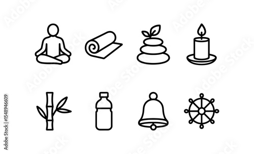Outline icons representing yoga, meditation, relaxation, and wellness elements