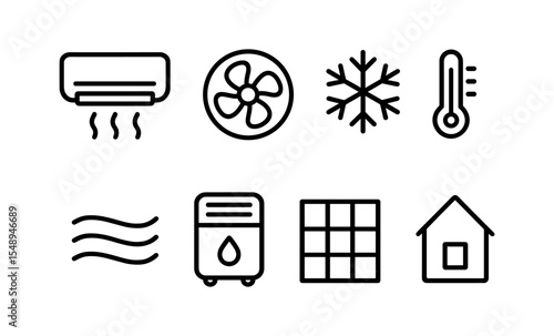 Air conditioning and climate control icons including fan, snowflake, and thermostat symbols