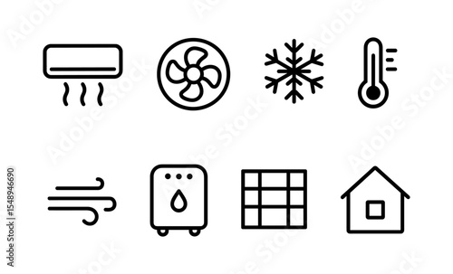Air conditioning and climate control icons: heating, cooling, ventilation, temperature, humidity