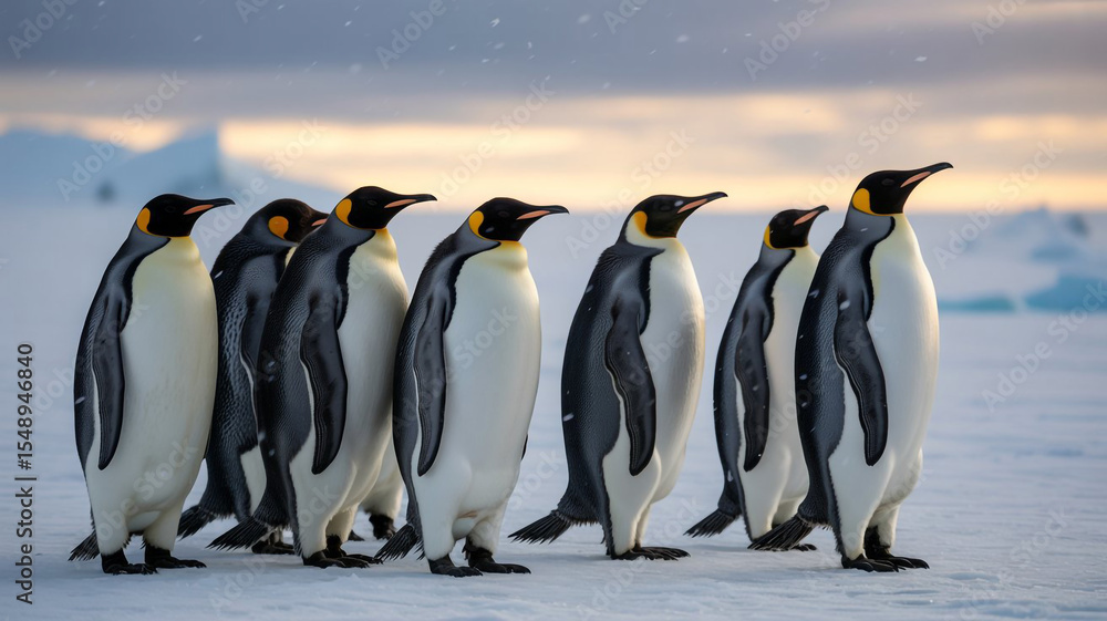 Obraz premium A group of king penguins stands on the snow in antarctica