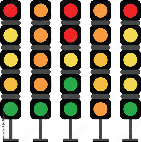 Traffic Light Array A Colorful Display of Red Yellow Green and Orange Signals in a Structured Arrangement on a White Background The image