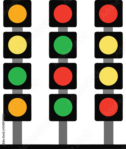 Three Traffic Lights Displaying Different Signals Orange Yellow Green and Red Emphasizing Transportation Safety and Traffic Control with a Simple Graphic Representation The