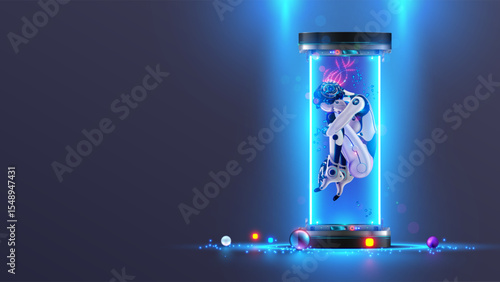 AI neural network. A female robot with artificial intelligence in a capsule in the fetal position is connected to the network by wires. AI cyborg learning in cyberspace hibernation. Sci-fi ai cyborg.
