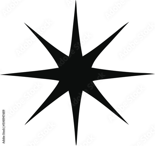 Eight Pointed Starburst Shape in Black on a White Background Resembling a Geometric Star or a Sharp Angular Sun Symbol Isolated and Centered