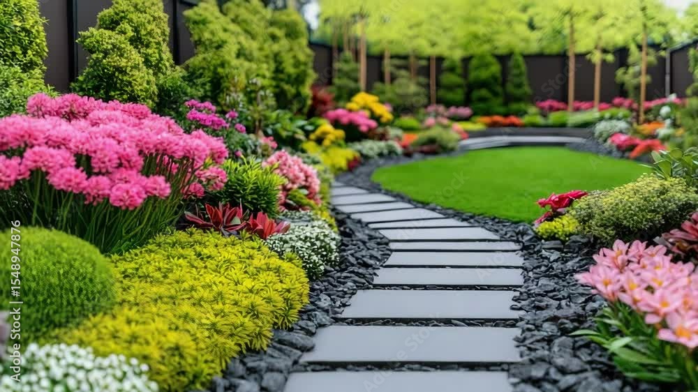 Vibrant flower garden with curved stone path surrounded by lush greenery Vibrant flower garden with curved stone path surrounded by lush greenery