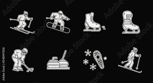 Winter sports icon set on black background
