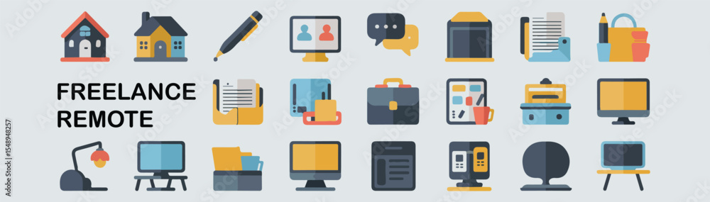 Freelance remote glyph icon set. Vector pictograms of house, pen, speech bubble, briefcase, document, portfolio, monitor, desk, computer, black sign silhouette illustration. Freelance remote glyph icon set. Vector pictograms of house, pen, speech bubble, briefcase, document, portfolio, monitor, desk, computer, black sign silhouette illustration.