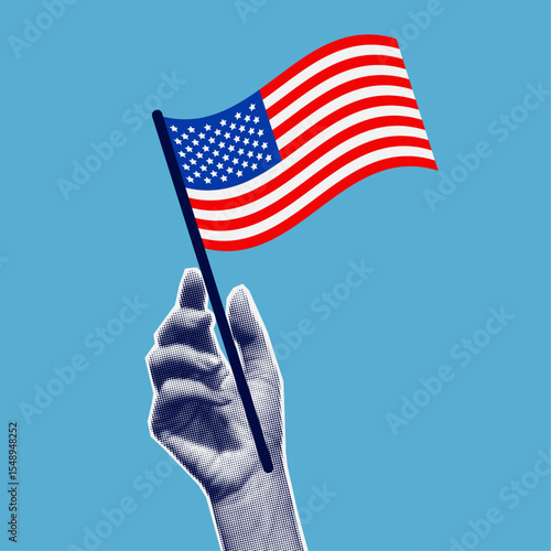 4th of July background. USA Independence Day banner with collage halftone women hand and waving flag of USA. Vector design for mixed media, gritting card, poster. Copy space 